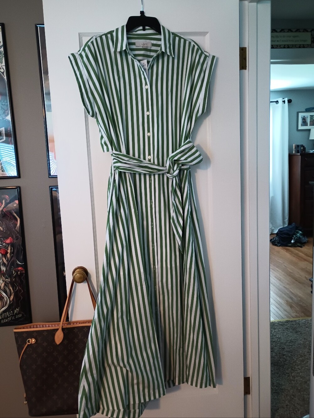 NWT LOFT Striped Shirt Dress with Waist Tie - Green/White